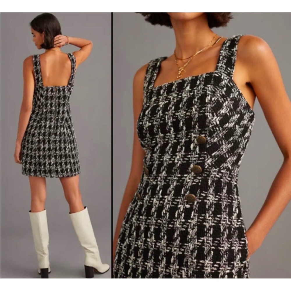 Maeve Anthropologie Black White Tweed Plaid Jumper Mini Dress Size 2 Square Neck